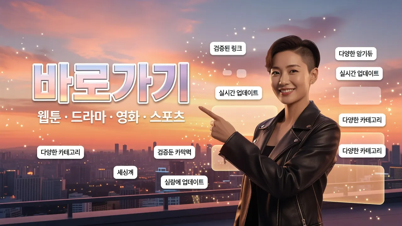저녁 하늘 아래 재킷 입은 여성이 '바로가기' 3D 글자와 '웹툰·드라마·영화·스포츠' 주제를 손으로 가리키는 상업용 웹 포스터